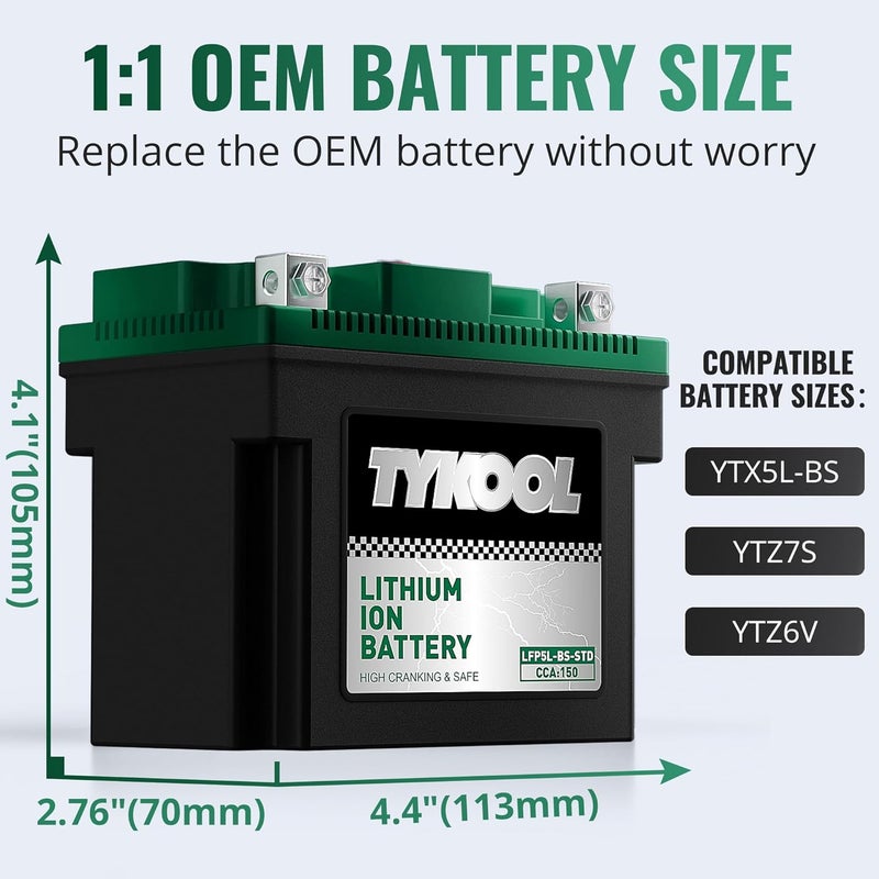 TYKOOL YTX5L-BS YTZ7S 2X Cranking Amps 150A, Lithium LiFePO4 Motorcycle Battery,12.8V 3Ah, Digital Readout, Fits for ATV, Moped - Image 3